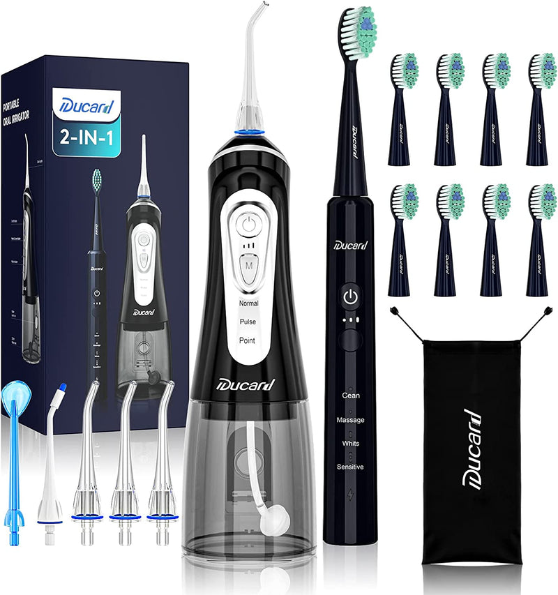 Ducard Electric Toothbrush with Water Flosser, Cordless Water Flosser and Toothbrush Combo with 9 Brush Heads & 5 Tips, 320ML IPX7 Waterproof Teeth Cleaner for Home Travel Use (Black)