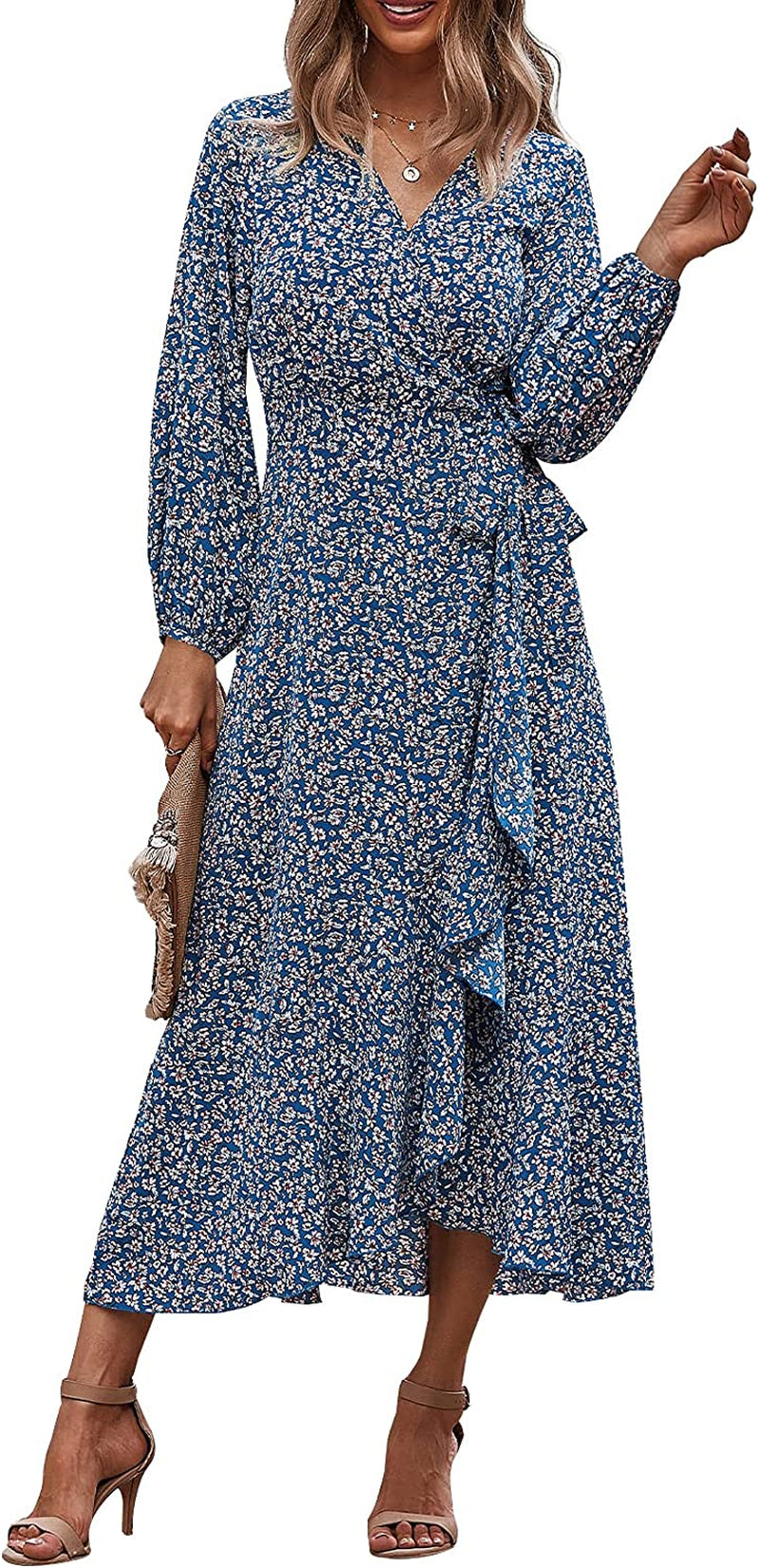PRETTYGARDEN Women'S Long Sleeve Vintage Wrap Dress Floral Print V-Neck Maxi Dresses with Belt