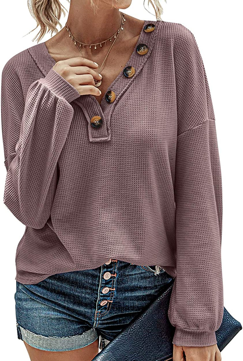 BTFBM Women Waffle Knit Shirts V-Neck Long Sleeve Casual Slouchy Loose Blouses Plain Faux Button Lightweight Pullover
