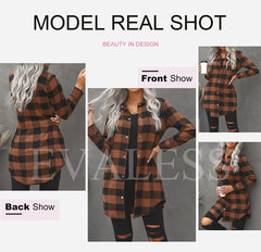 EVALESS Color Block Plaid Shacket Jacket Women Cute V Neck Long Sleeve Button down Blouses Tops Flannel Shirts Jackets Coats
