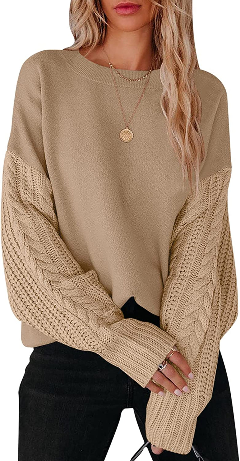 ANRABESS Women'S Crewneck Long Sleeve Drop Shoulder Casual Solid Cable Knit Chunky Contrast Pullover Sweater Top