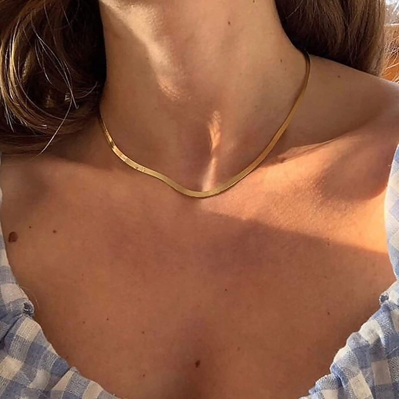 CHESKY 14K Gold/Silver Plated Snake Chain Necklace Herringbone Necklace Gold Choker Necklaces for Women Girl Gifts Jewelry 1.5/3/5MM(W) 14"/16"(L)