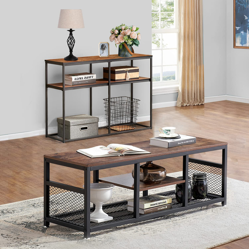 Set of One Coffee Table & One End Tables, Industrial Metal Frame, Table Table, Brown