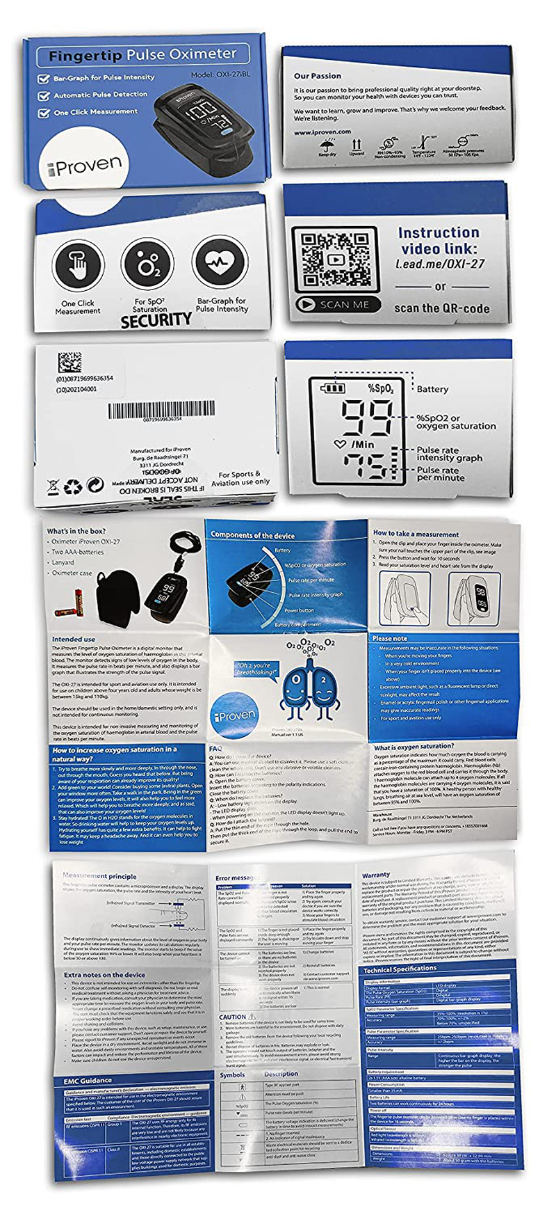 Pulse Oximeter Fingertip Oxygen Concentrator, Blood Saturation Monitor with Heart Rate Detection Including Batteries, Case and Lanyard