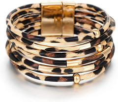 Fesciory Leather Wrap Bracelet for Women, Leopard Multi-Layer Magnetic Buckle Cuff Bracelet Jewelry