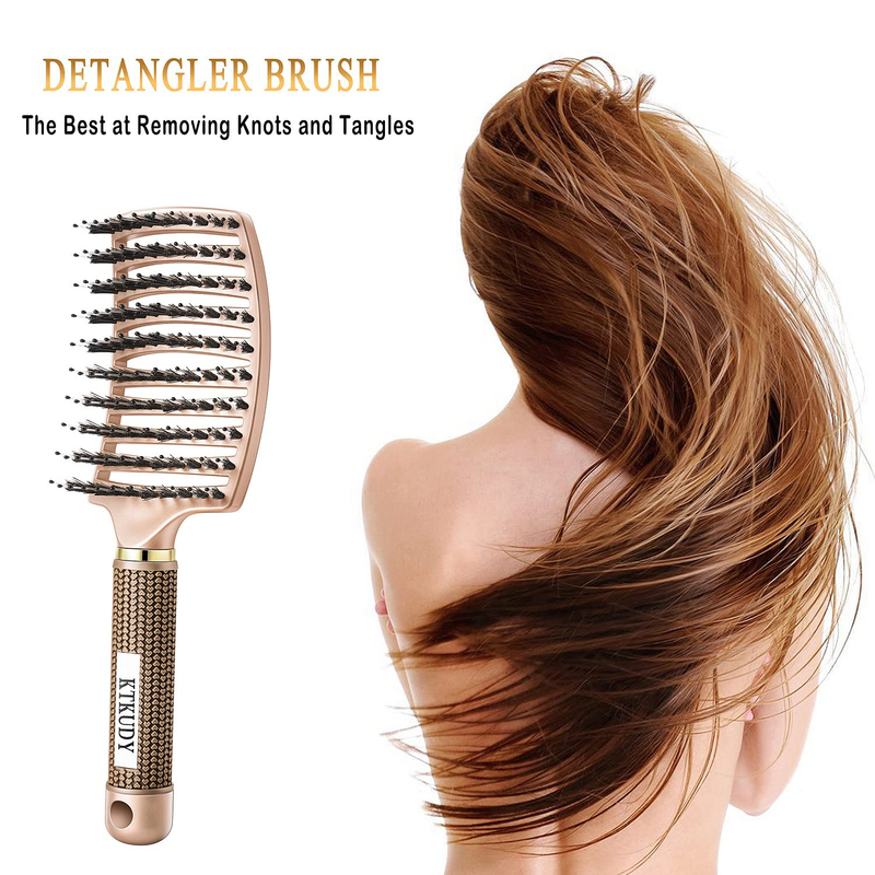 Detangling Brush Boar Bristles Hair Brush Curved and Vented Speed Dry Detangler Brush for Women Men Kids Wet and Dry Hair (Gold)