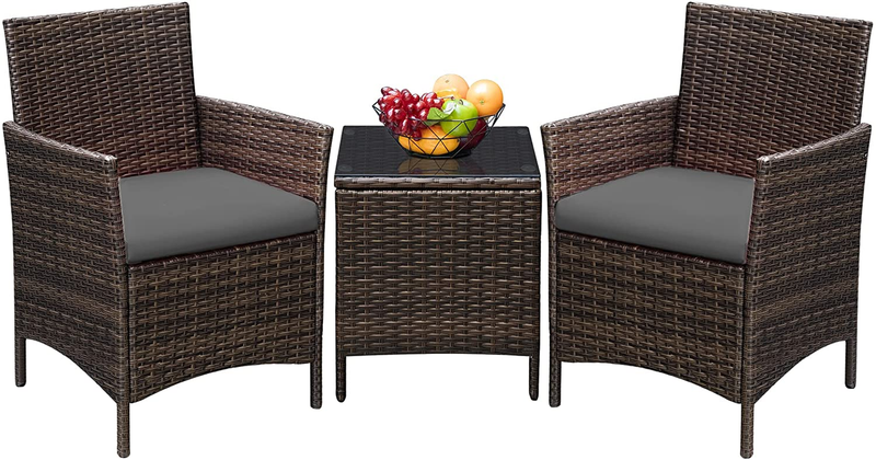 Greesum 3 Pieces Outdoor Patio Porch Furniture Sets, PE Rattan Wicker Chairs with Table, Brown and Beige