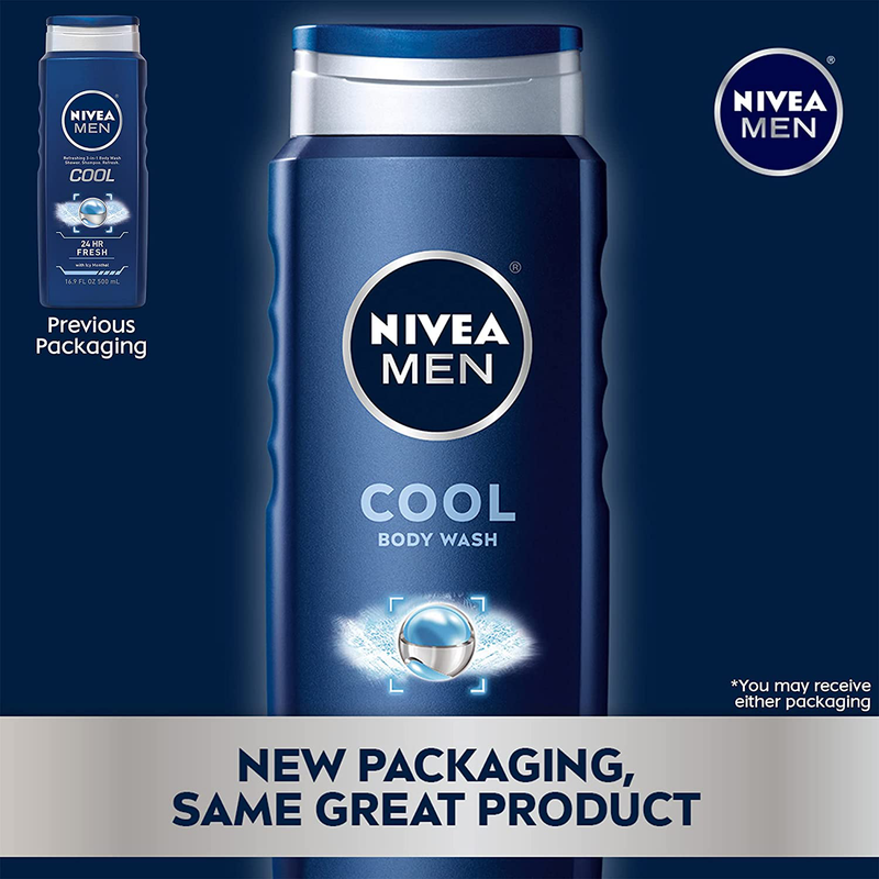 NIVEA MEN Cool Body Wash with Icy Menthol, 3 Pack of 16.9 Fl Oz Bottles
