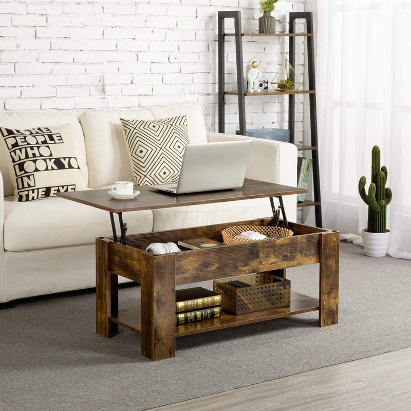 Lift Top Coffee Table with Hidden Compartment and Storage Shelf, Rising Tabletop Dining Table for Living Room Reception Room, 38.6In L, Rustic Brown
