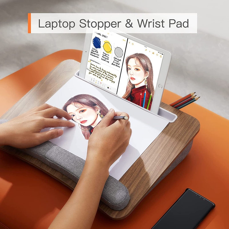 Lap Laptop Desk - Portable Lap Desk with Pillow Cushion, Fits up to 15.6 Inch Laptop, with Anti-Slip Strip & Storage Function for Home Office Tablet