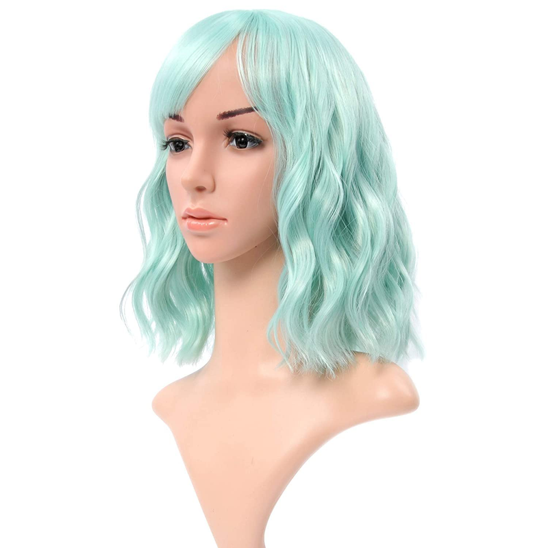 Short Bob Wigs Pastel Wavy Wig with Air Bangs Women'S Shoulder Length Wigs Curly Wavy Synthetic for Girl Colorful Costume Wigs(12", Mix Green)