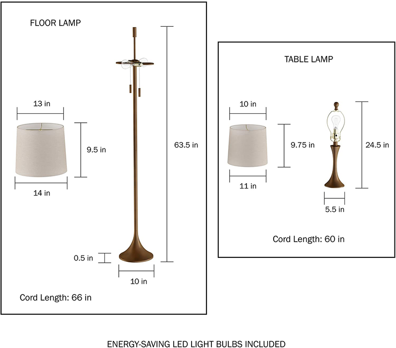 Table and Floor Lamps – Set of 3 Mid-Century Modern Metal Flared Trumpet Base with Energy Efficient LED Light Bulbs Included by Lavish Home (Bronze)