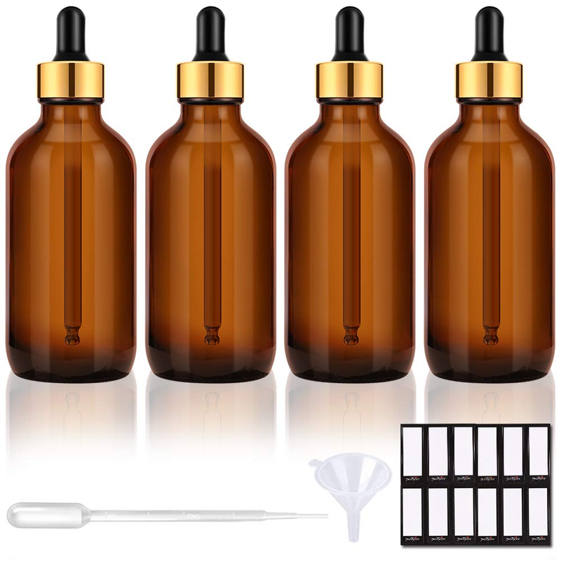 Eye Dropper Bottles 4 Oz 4 Pack (Glass Bottles 120Ml with Golden Caps, 12 Labels, Funnel & Measured Pipettes) Empty Tincture Bottles for Essential Oils (Amber)
