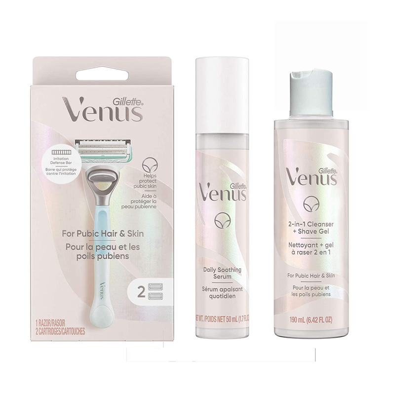 Gillette Venus Intimate Grooming Kit, Includes 1 Venus Razor Bikini Trimmer, 2 Razor Blade Refills, 2-In-1 Shave Gel and Cleanser, 1 Daily Soothing Serum