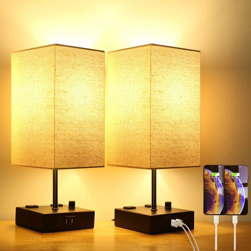 Upgraded Fully Dimmable USB Bedside Table Lamp Set of 2, Nightstand Table Lamps with 2 USB Charging Ports 2 AC Outlets, Square Fabric Shade Modern Desk Lamp Set for Bedroom Living Room, Bulbs Included