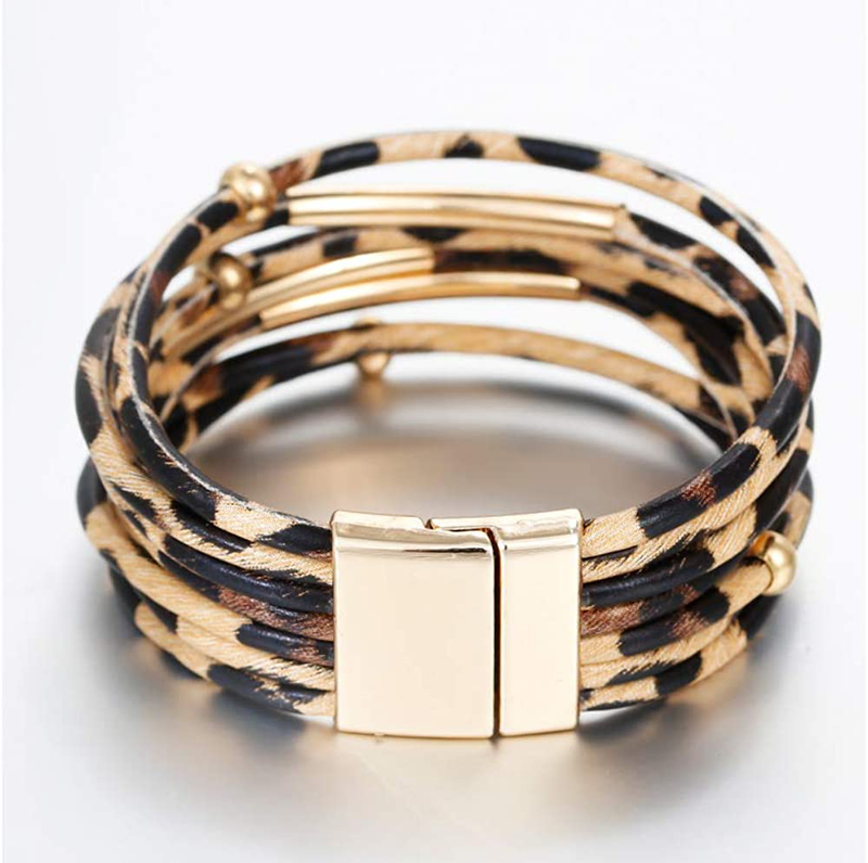 Fesciory Leather Wrap Bracelet for Women, Leopard Multi-Layer Magnetic Buckle Cuff Bracelet Jewelry