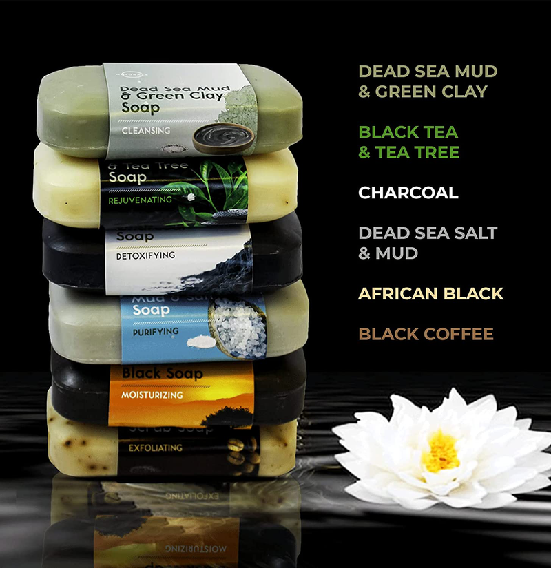 O Naturals 6-Piece Black Bar Soap Collection. 100% Natural. Organic Ingredients. Helps Acne, Helps Skin Moisturizes, Deep Cleanse, Luxurious Face Hands Body Soap Women & Men. Triple Milled Vegan 4Oz