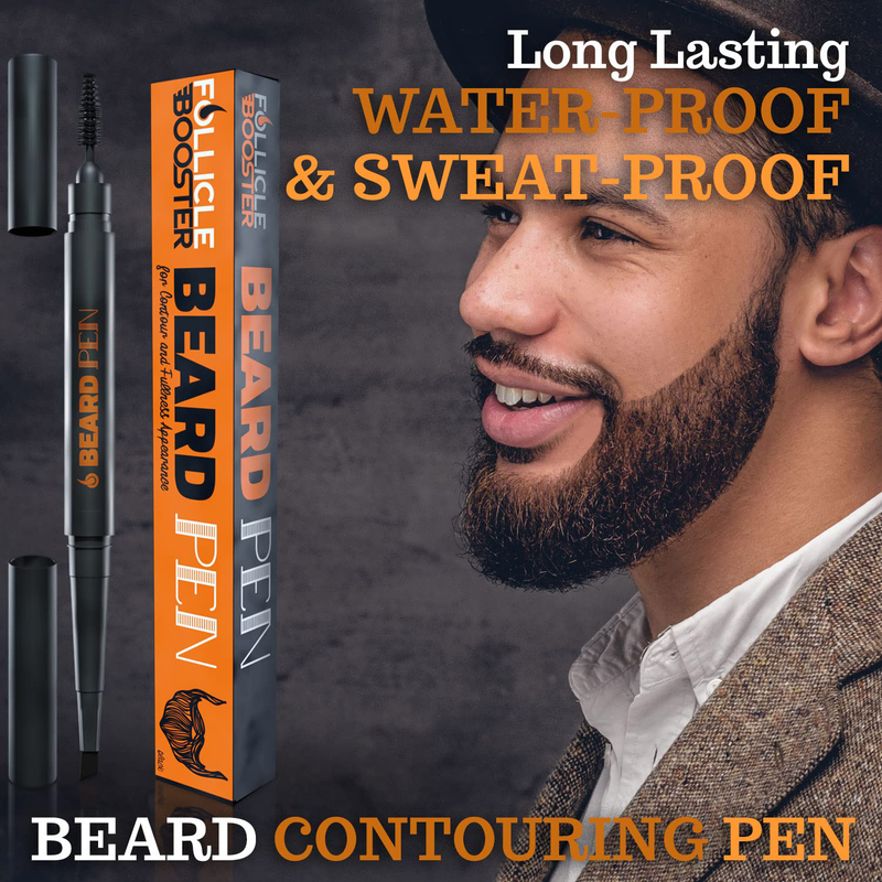 Beard Pencil Filler - BLACK - Barber Styling Pen with Brush - Waterproof Proof, Sweat Proof, Long Lasting Solution, Natural Finish - Cover Facial Hair Patches like a PRO