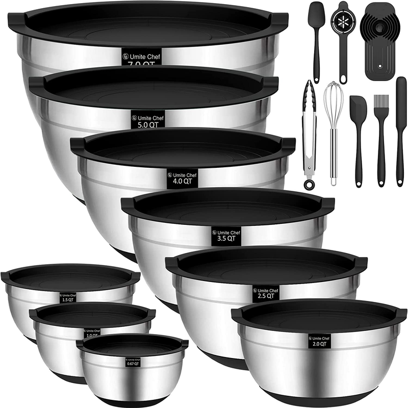 22Pcs Mixing Bowls with Airtight Lids, Umite Chef Stainless Steel Nesting Mixing Bowls Set for Baking, Prepping, Non-Slip Silicone Bottom, Gray Bowls with Kitchen Gadgets for Mixing, Serving