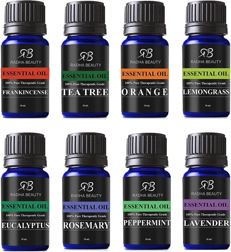 Radha Beauty Aromatherapy Top 8 Essential Oils 100% Pure & Therapeutic Grade - Sampler Gift Set & Kit (Lavender, Tea Tree, Eucalyptus, Lemongrass, Orange, Peppermint, Frankincense and Rosemary)