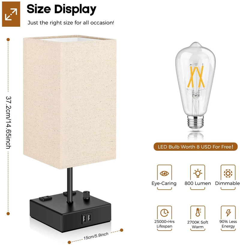 Upgraded Fully Dimmable USB Bedside Table Lamp Set of 2, Nightstand Table Lamps with 2 USB Charging Ports 2 AC Outlets, Square Fabric Shade Modern Desk Lamp Set for Bedroom Living Room, Bulbs Included