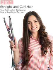 Hair Straightener and Curler 2 in 1, Twist Straightening Curling Iron, Professional Negative Ion Flat Iron with Adjustable Temp for All Hair Types, Instant Heating, Dual Voltage