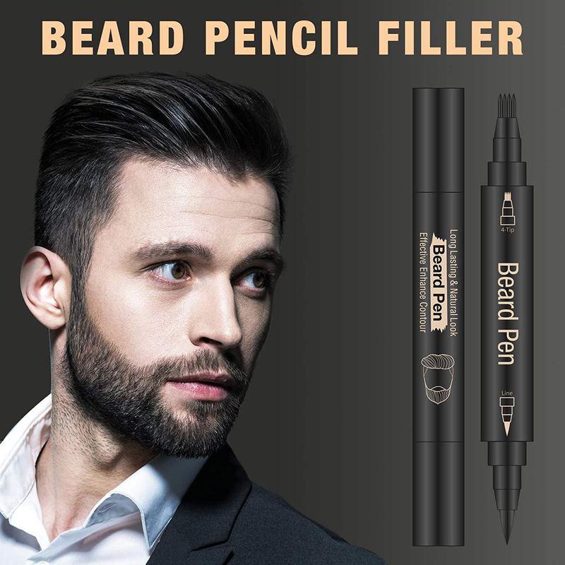 Beard Pencil Filler for Man Water Proof Beard Pen and Beard Brush Long Lasting Coverage Natural Finish, Male Mustache Repair Shape, Effective Enhance Facial Hair （BLACK）