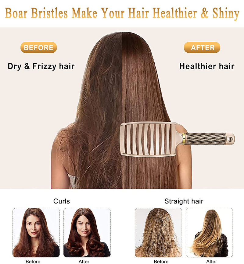 Detangling Brush Boar Bristles Hair Brush Curved and Vented Speed Dry Detangler Brush for Women Men Kids Wet and Dry Hair (Gold)