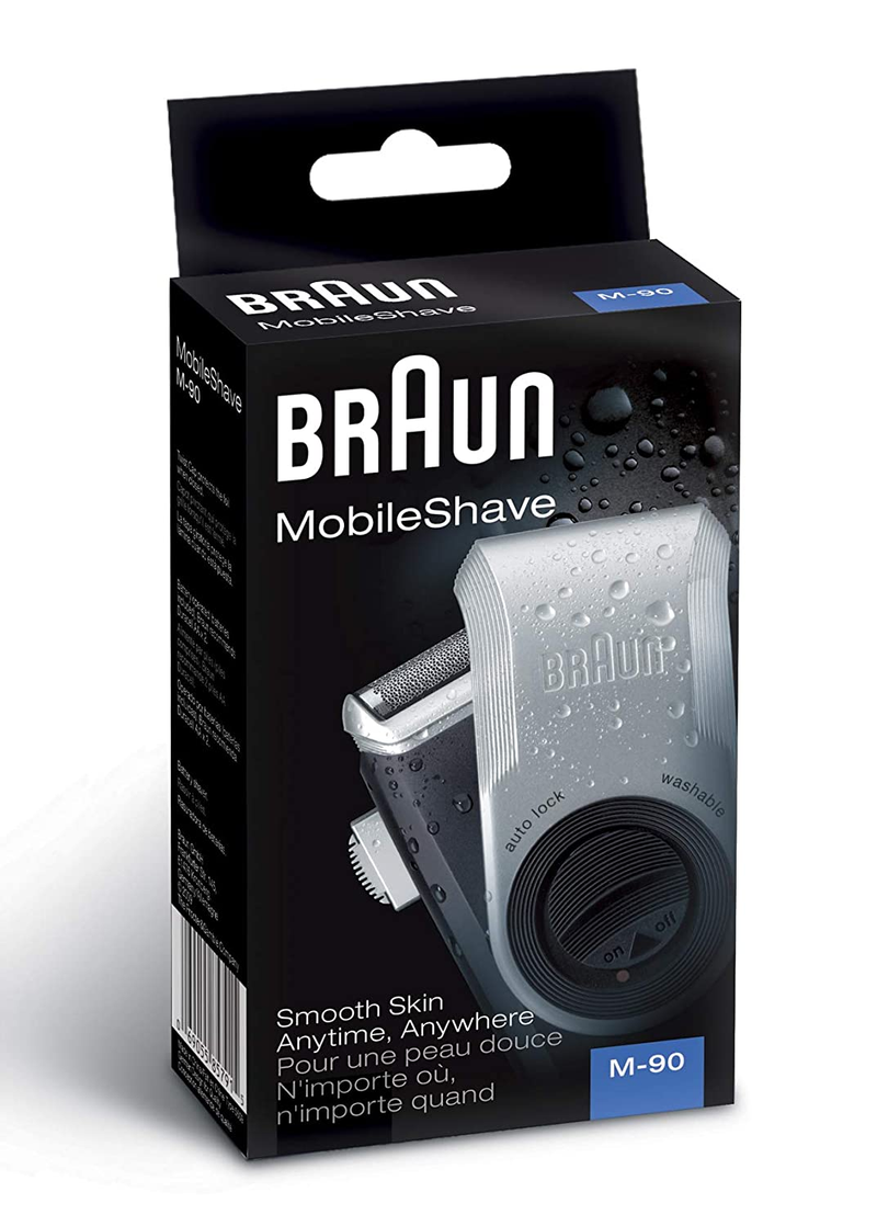 Braun Mobileshave M-90 Travel Shaver Silver (Precision Trimmer, Smart Foil, Wide Floating Foil, Washable)