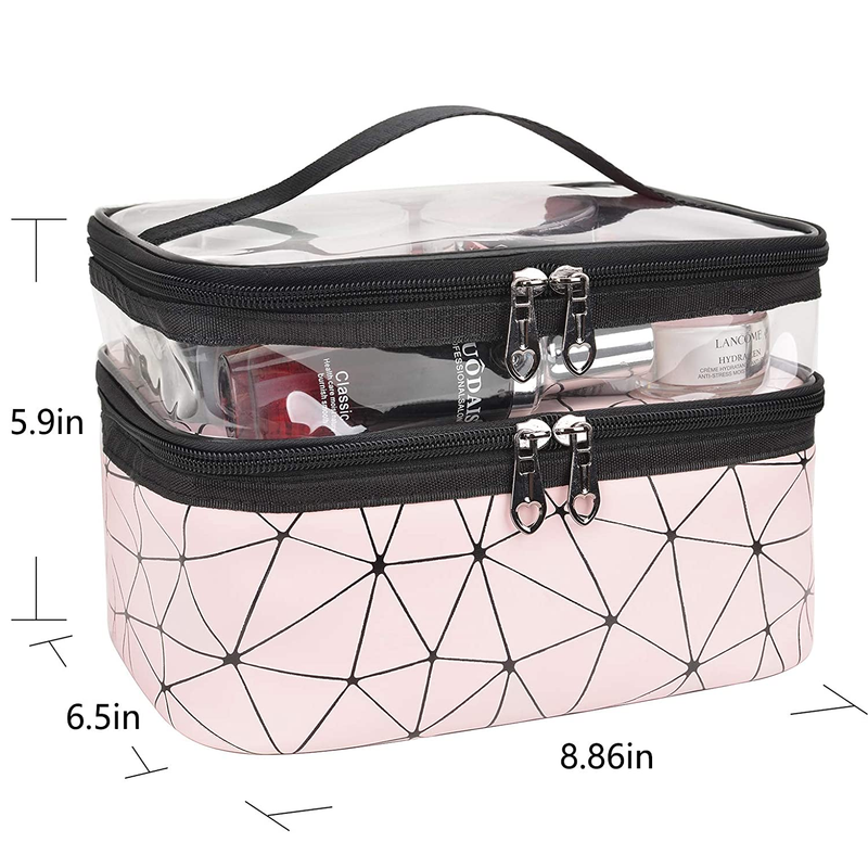 Makeup Bags Double Layer Travel Cosmetic Cases Make up Organizer Toiletry Bags (Pink)