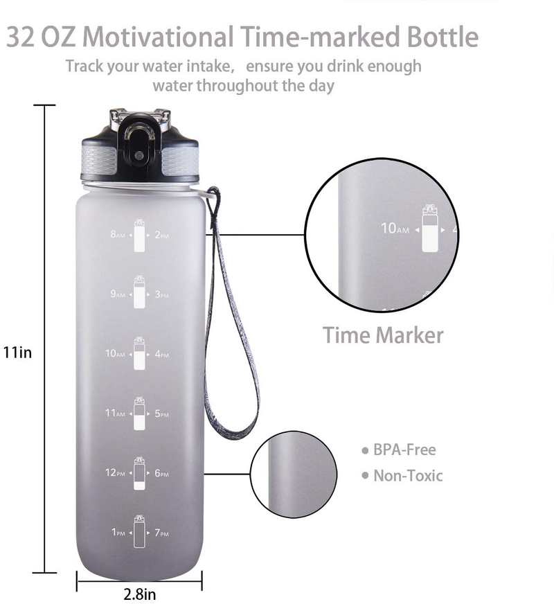 EYQ 32 Oz Water Bottle with Time Marker, Carry Strap, Leak-Proof Tritan Bpa-Free, Ensure You Drink Enough Water for Fitness, Gym, Camping, Outdoor Sports