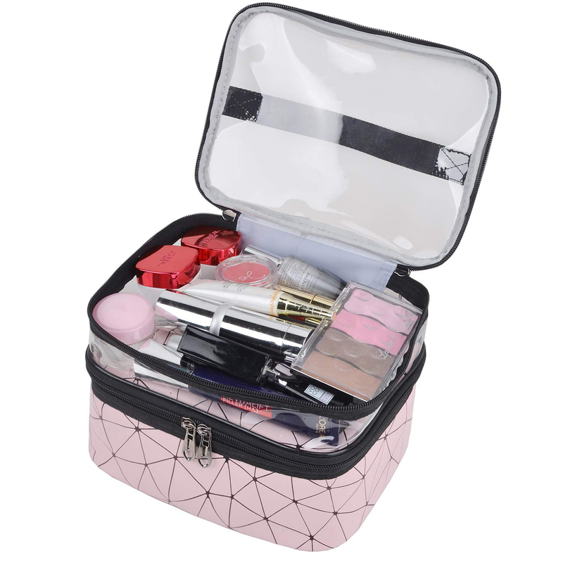 Makeup Bags Double Layer Travel Cosmetic Cases Make up Organizer Toiletry Bags (Pink)