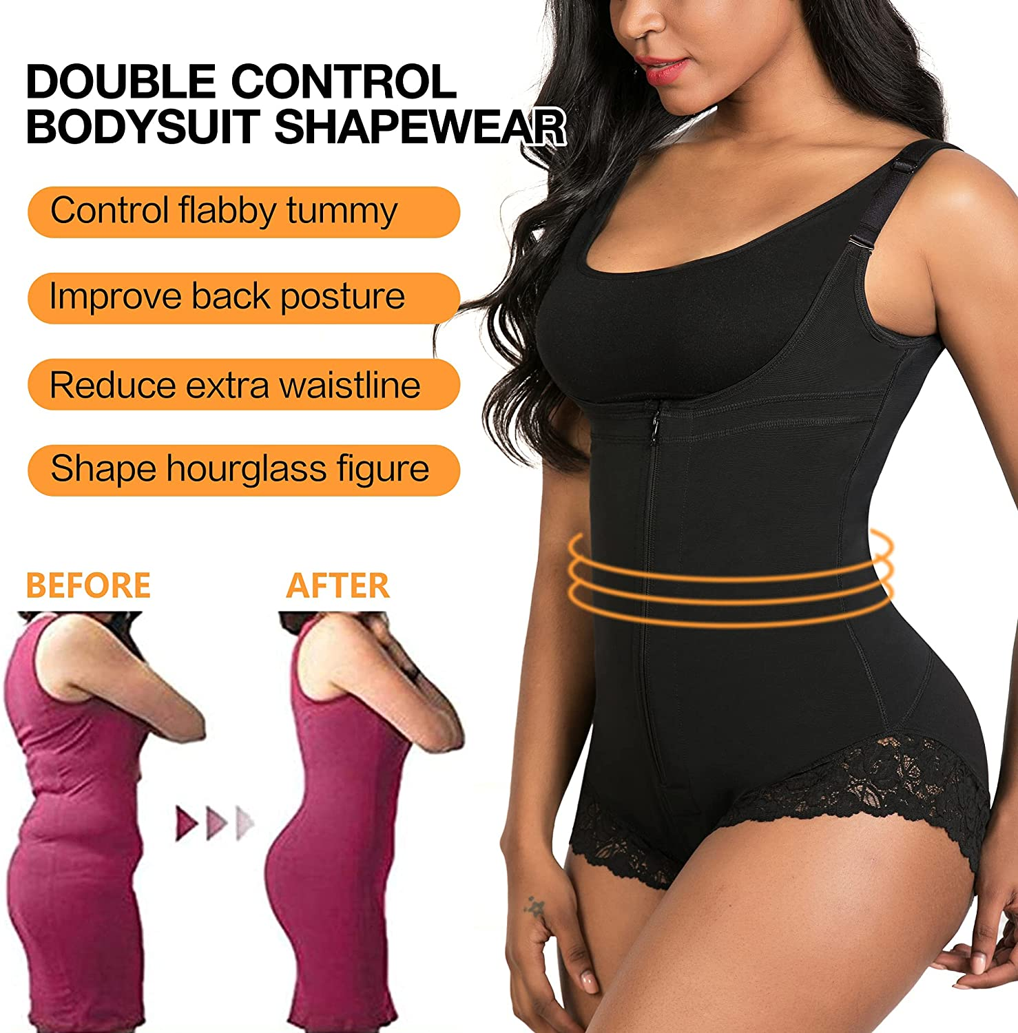 SHAPERX Women Shapewear tummy control Fajas Colombianas Body Shaper Zipper  Open Bust Bodysuit,SZ7200-Black-XL