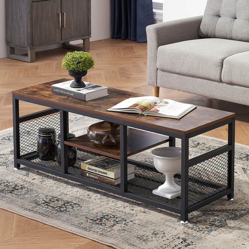 Set of One Coffee Table & One End Tables, Industrial Metal Frame, Table Table, Brown