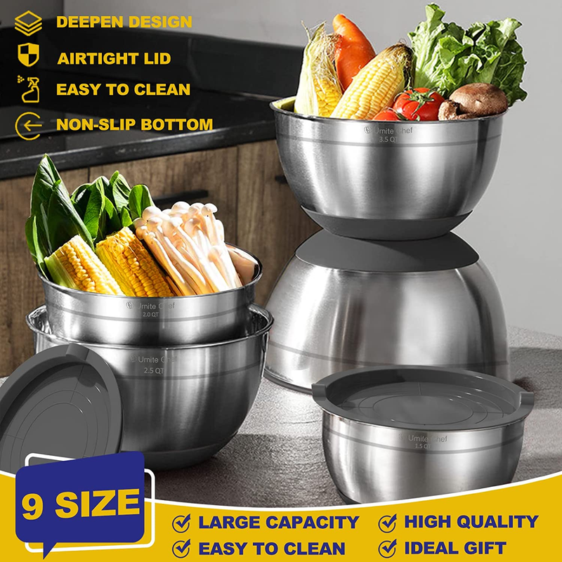 22Pcs Mixing Bowls with Airtight Lids, Umite Chef Stainless Steel Nesting Mixing Bowls Set for Baking, Prepping, Non-Slip Silicone Bottom, Gray Bowls with Kitchen Gadgets for Mixing, Serving
