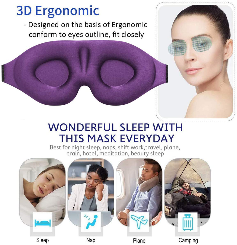 3D Sleep Mask, New Arrival Sleeping Eye Mask for Women Men, Contoured Cup Night Blindfold, Luxury Light Blocking Eye Cover, Molded Eye Shade with Adjustable Strap for Travel, Nap, Meditation, Purple