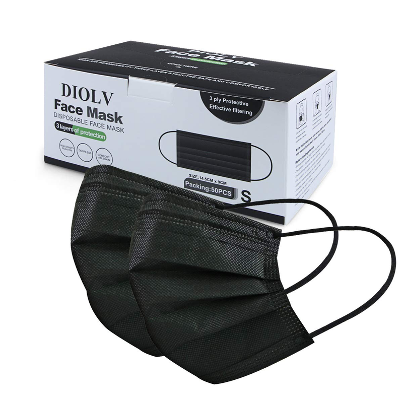 DIOLV Disposable Kids Face Mask 3 Layer 50Pcs/Pack, Ear loop Black