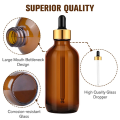 Eye Dropper Bottles 4 Oz 4 Pack (Glass Bottles 120Ml with Golden Caps, 12 Labels, Funnel & Measured Pipettes) Empty Tincture Bottles for Essential Oils (Amber)