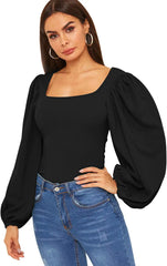 Romwe Women'S Long Puff Sleeve Square Neck Slim Fit Crop Tops Blouse Sweatshirt