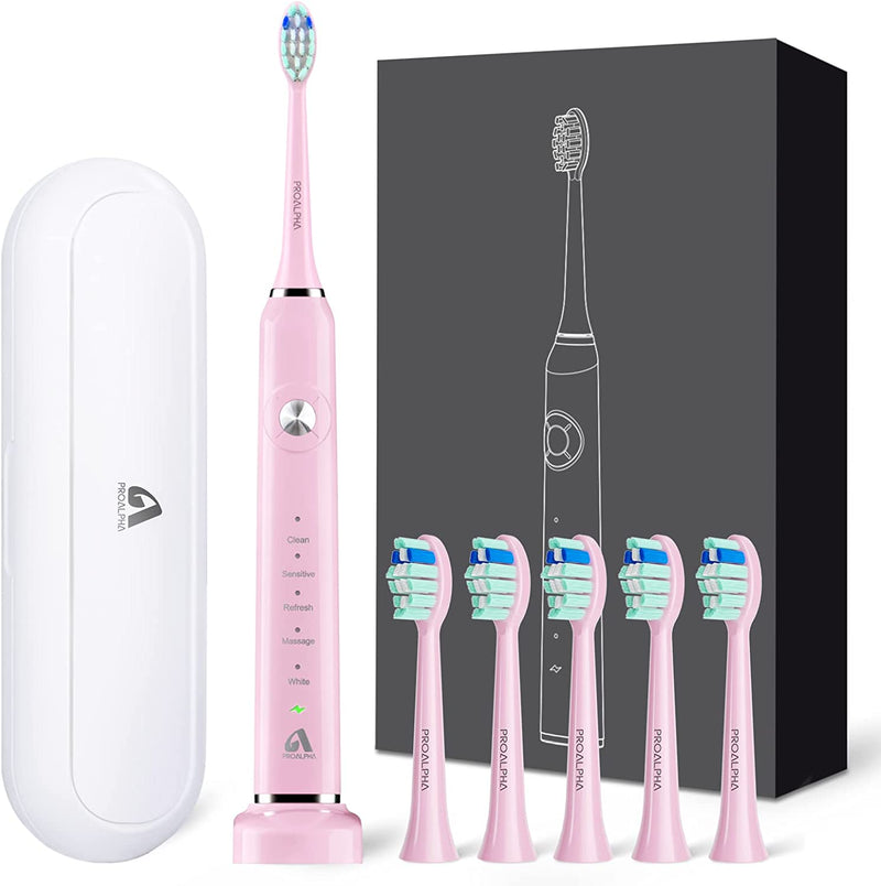 Electric Toothbrush for Adults Teens, Sonic Toothbrushes Set with 6 Brush Heads and a Travel Case, 12 Hours Charge for 60 Days, Built in 2 Minutes Smart Timer and 5 Brushing Modes by JTF, Black