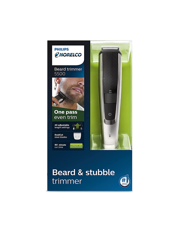 Philips Series 5000 Norelco Electric Cordless One Pass Beard and Stubble Trimmer with Washable Feature, Black and Silver, BT5511/49