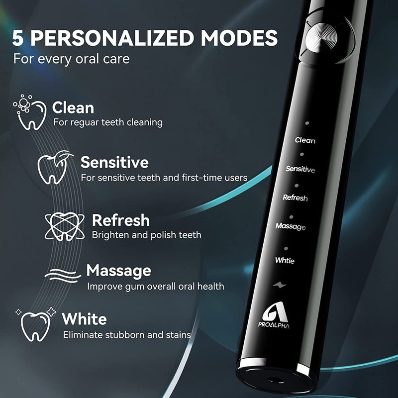 Electric Toothbrush for Adults Teens, Sonic Toothbrushes Set with 6 Brush Heads and a Travel Case, 12 Hours Charge for 60 Days, Built in 2 Minutes Smart Timer and 5 Brushing Modes by JTF, Black