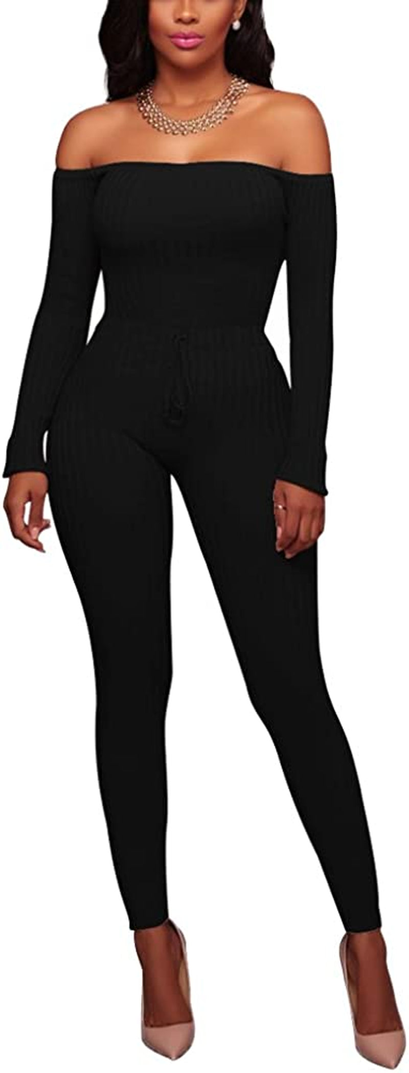 OLUOLIN Womens Sexy off Shoulder Tights Leggings Jumpsuits - Bodycon Long Sleeve Skinny Long Pants Rompers Clubwear