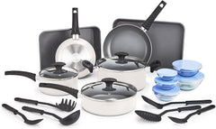 BELLA 21 Piece Cook Bake and Store Set, Kitchen Essentials for First or New Apartment, Assorted Non Stick Cookware, 9 Nylon Hassle-Free Cooking Tools, 5 Glass Storage Bowls W Lids, BPA & PFOA Free