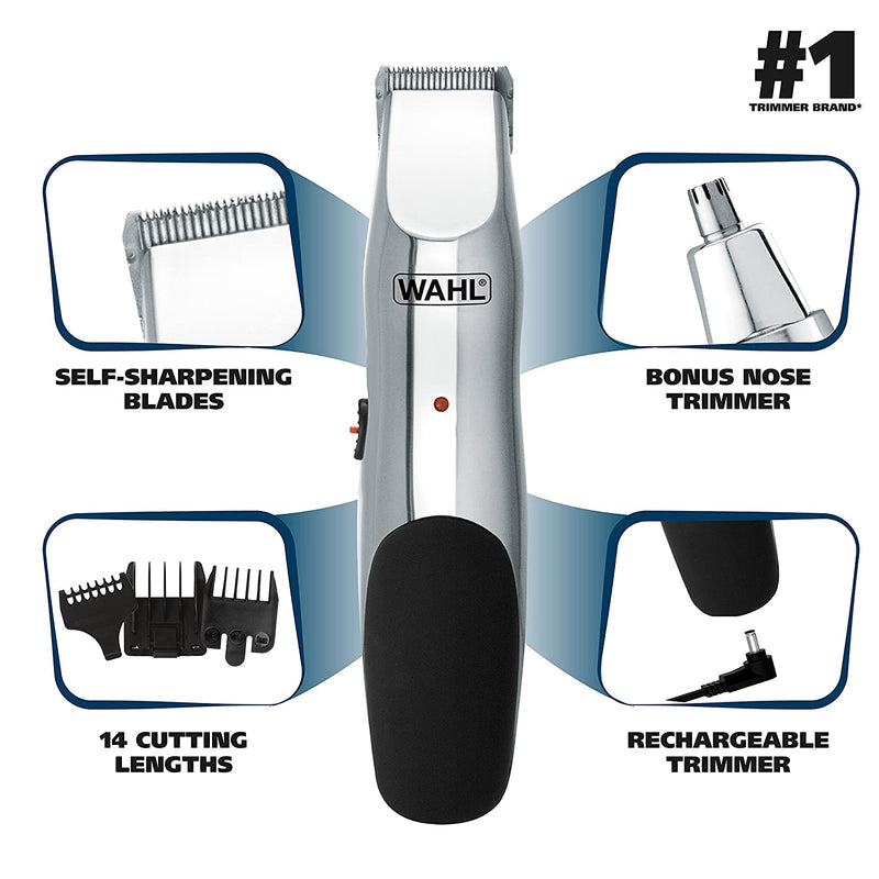 Wahl Groomsman Rechargeable Beard Trimming kit for Mustaches, Hair, Nose Hair, and Light Detailing and Grooming with Bonus Wet/Dry Electric Nose Trimmer Model 5622