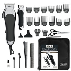 Wahl Clipper Deluxe Chrome Pro, Complete Hair, Trimming Kit, Includes Corded Clipper, Cordless Battery Trimmer, Styling Shears, Cut Every Time - Model 79524