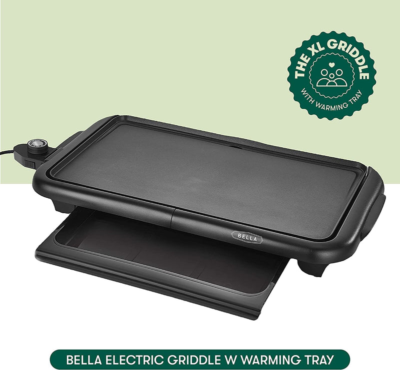 BELLA Electric Griddle W Warming Tray, Make 8 Pancakes or Eggs at Once, Fry Flip & Serve Warm, Healthy-Eco Non-Stick Coating, Hassle-Free Clean Up, Submersible Cooking Surface, 10" X 18", Copper/Black
