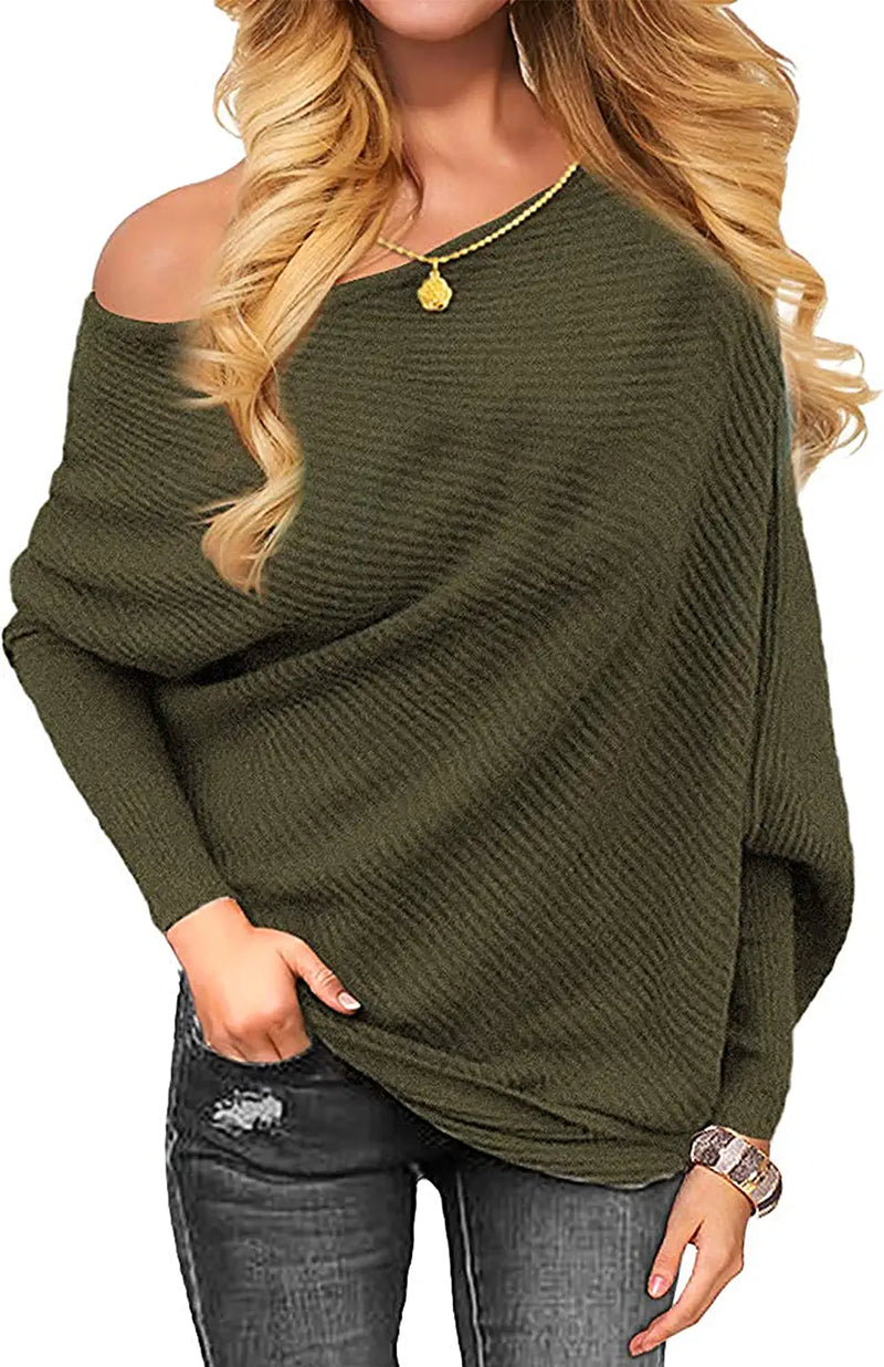 Omicgot Women'S off the Shoulder Long Sleeve Pullover Knit Jumper Baggy Solid Sweater
