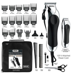 Wahl Clipper Deluxe Chrome Pro, Complete Hair, Trimming Kit, Includes Corded Clipper, Cordless Battery Trimmer, Styling Shears, Cut Every Time - Model 79524
