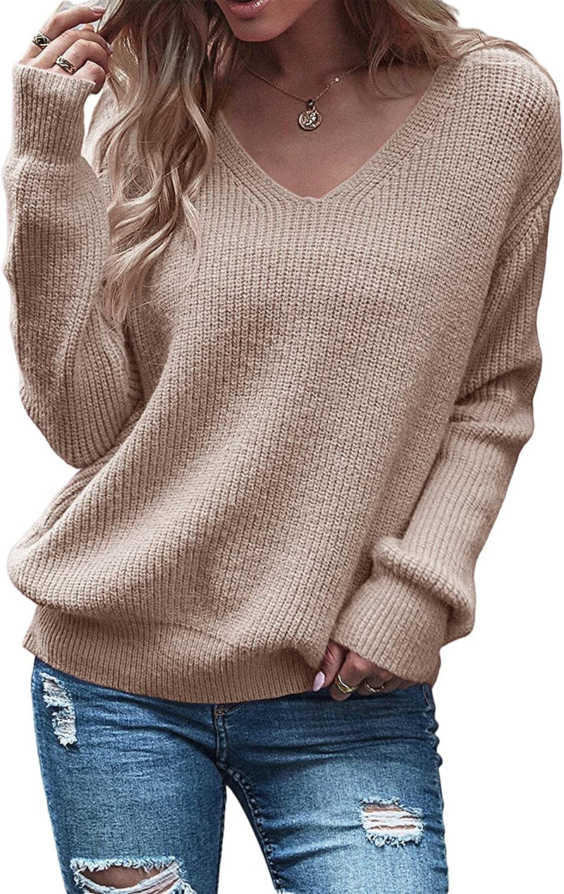 Eurivicy Women'S Long Sleeve V Neck Pullover Tops Oversized Chunky Knitted Loose Jumper Sweaters